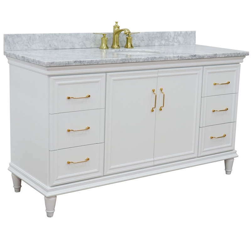 61 in. Single Wooden Vanity  White with White Carrara Oval Sink