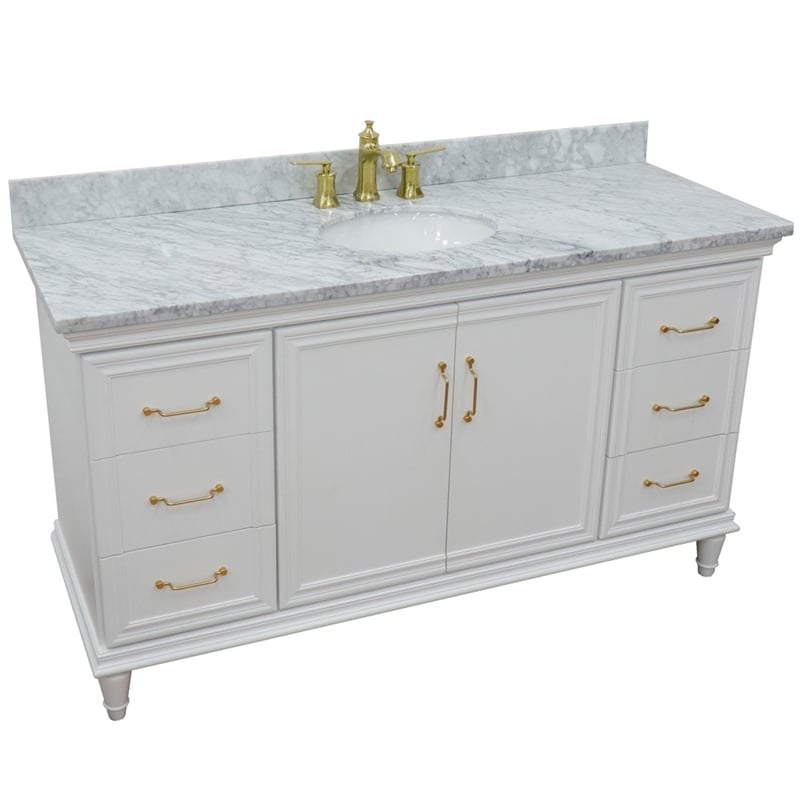 61 in. Single Wooden Vanity  White with White Carrara Oval Sink