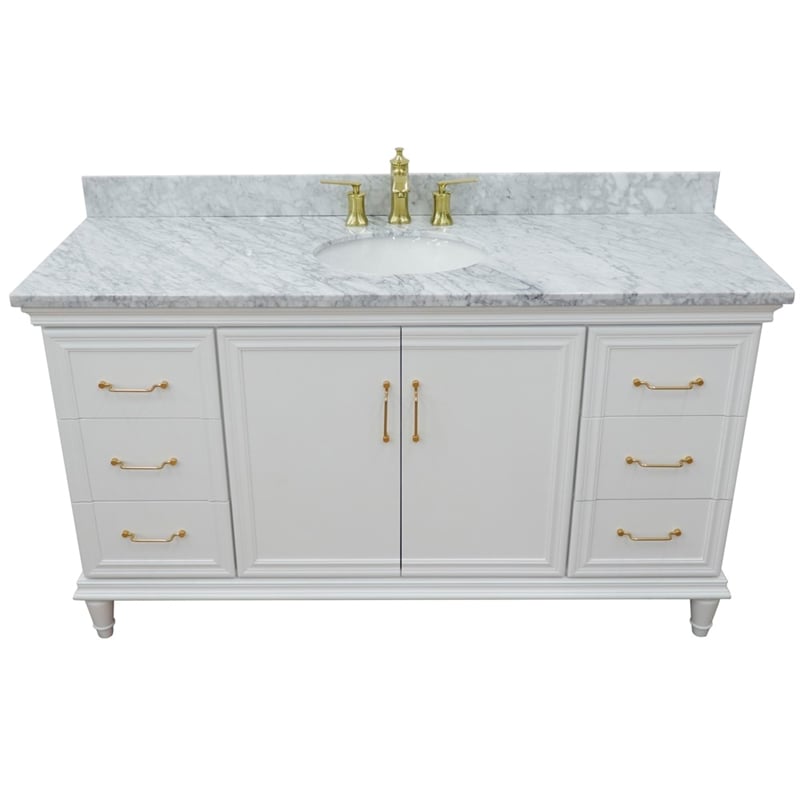 61 in. Single Wooden Vanity  White with White Carrara Oval Sink