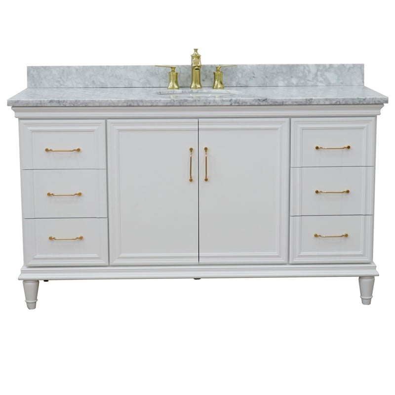 61 in. Single Wooden Vanity  White with White Carrara Oval Sink
