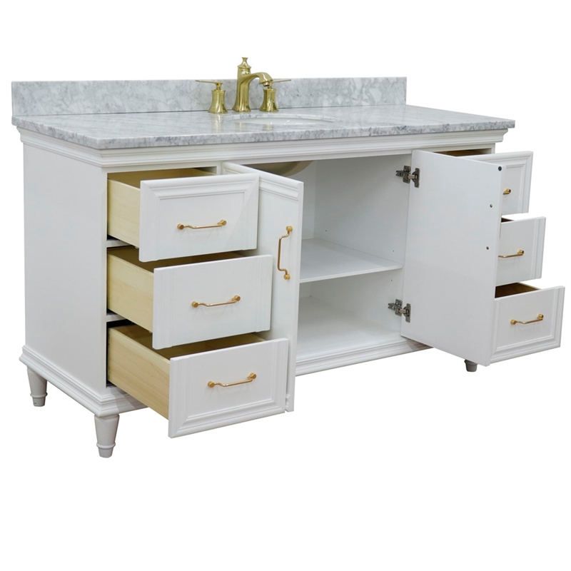 61 in. Single Wooden Vanity  White with White Carrara Oval Sink