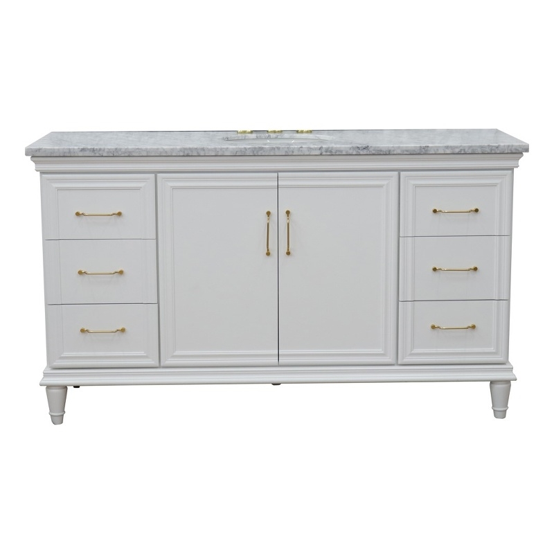 61 in. Single Wooden Vanity  White with White Carrara Oval Sink