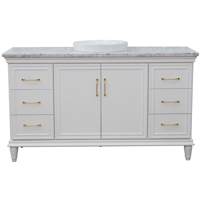 61 in. Single Wooden Vanity  White with White Carrara Rectangle Sink