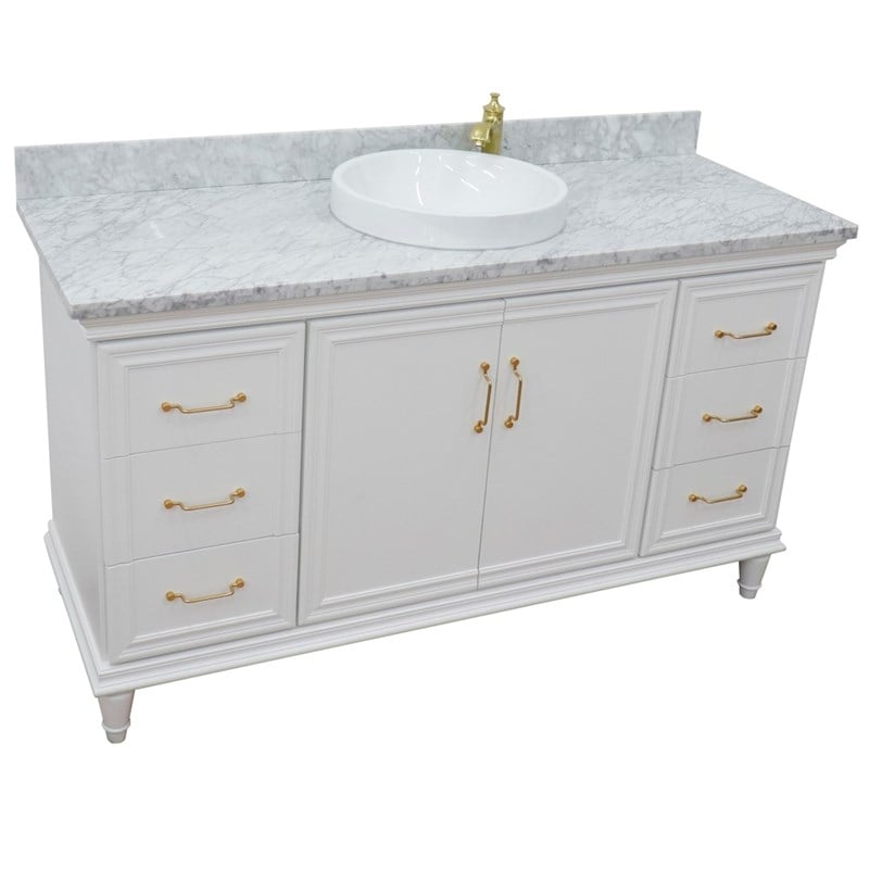 61 in. Single Wooden Vanity  White with White Carrara Round Sink
