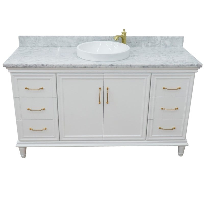 61 in. Single Wooden Vanity  White with White Carrara Round Sink