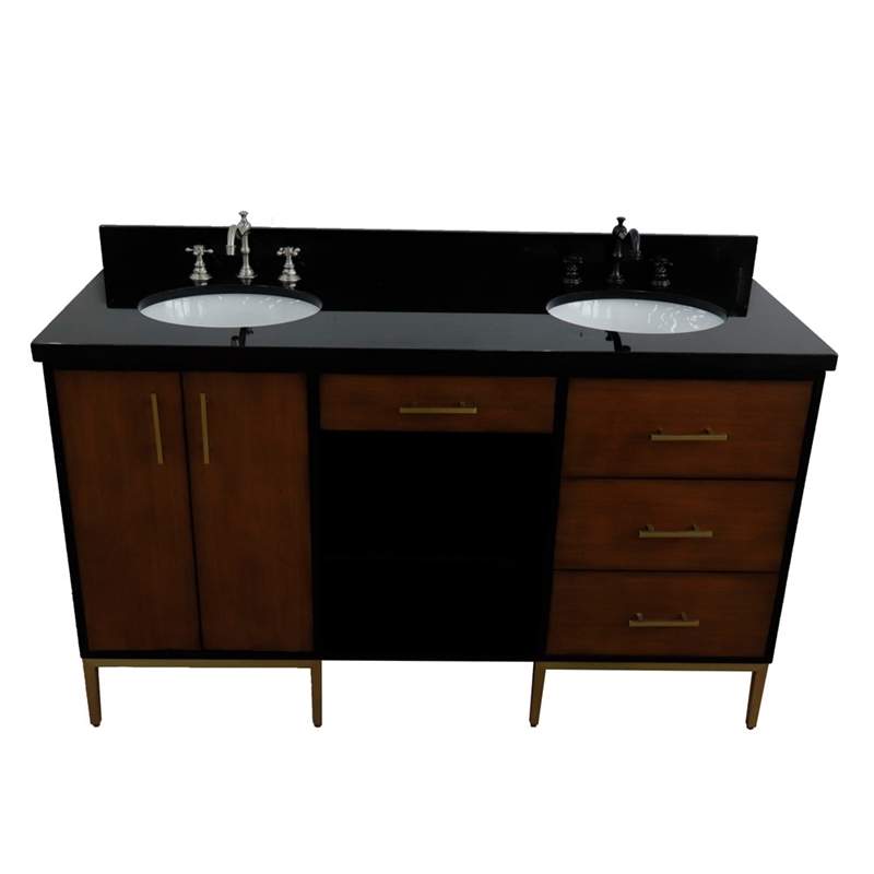61 in. Double Wooden Vanity Walnut Black Black Galaxy Granite Oval Sink