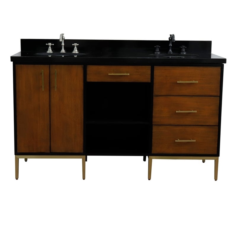 61 in. Double Wooden Vanity Walnut Black Black Galaxy Granite Oval Sink
