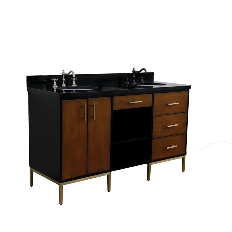 61 in. Double Wooden Vanity Walnut Black Black Galaxy Granite Oval Sink