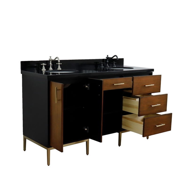 61 in. Double Wooden Vanity Walnut Black Black Galaxy Granite Oval Sink