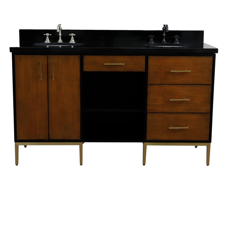 61 in. Double Wooden Vanity Walnut Black Black Galaxy Granite Oval Sink