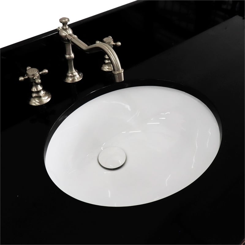 61 in. Double Wooden Vanity Walnut Black Black Galaxy Granite Oval Sink