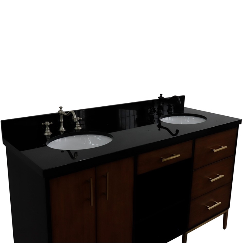 61 in. Double Wooden Vanity Walnut Black Black Galaxy Granite Oval Sink