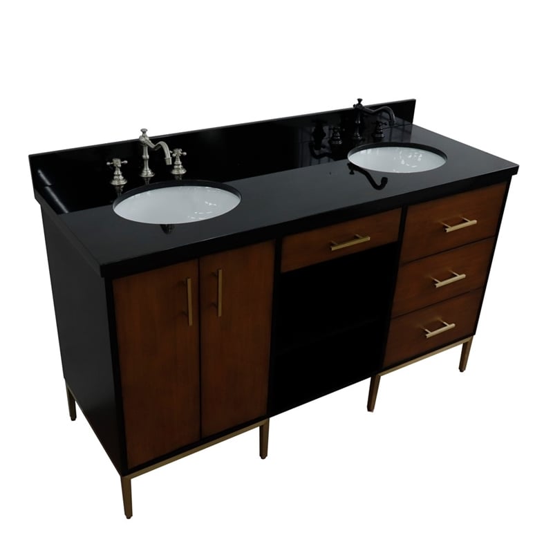 61 in. Double Wooden Vanity Walnut Black Black Galaxy Granite Oval Sink