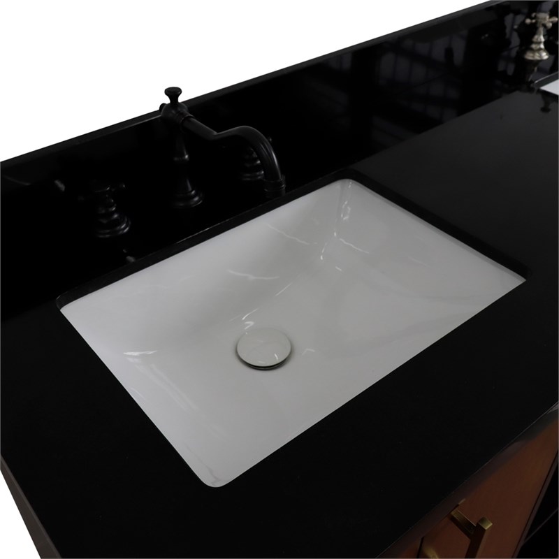 61 in. Double Wooden Vanity Walnut Black Black Galaxy Granite Rectangle Sink