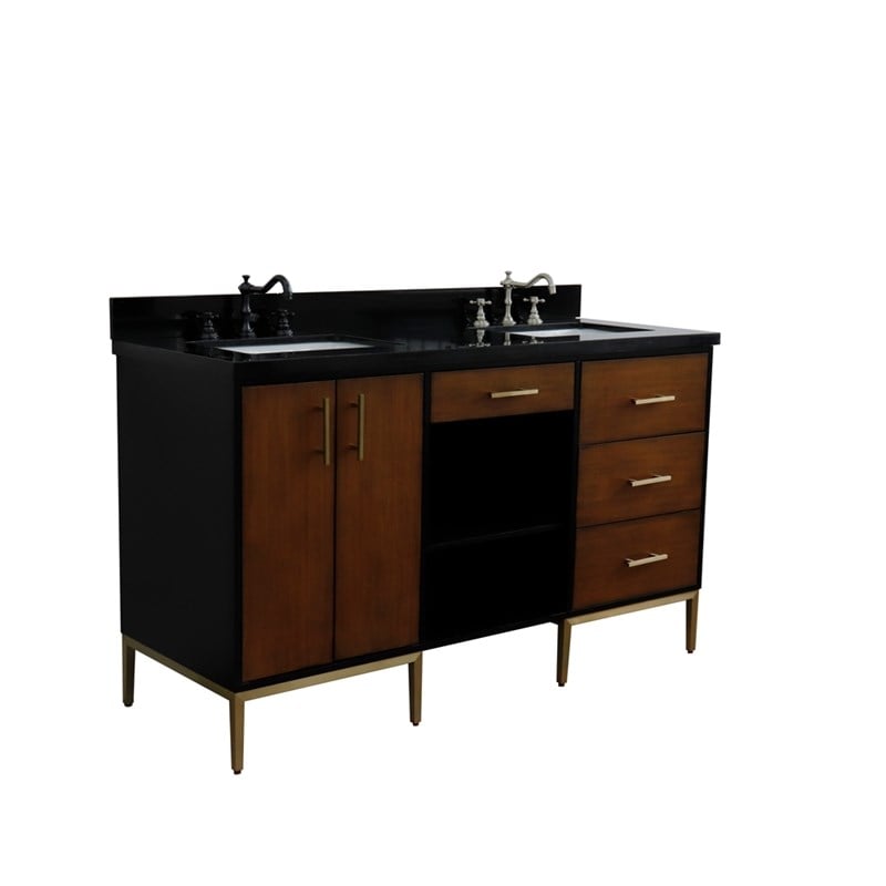 61 in. Double Wooden Vanity Walnut Black Black Galaxy Granite Rectangle Sink