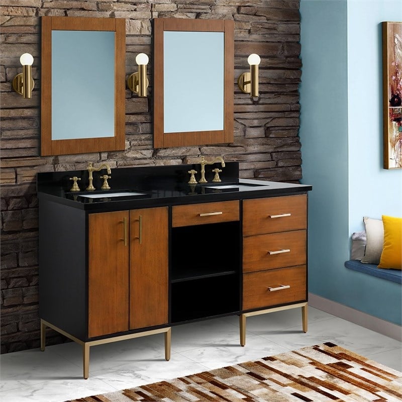 61 in. Double Wooden Vanity Walnut Black Black Galaxy Granite Rectangle Sink