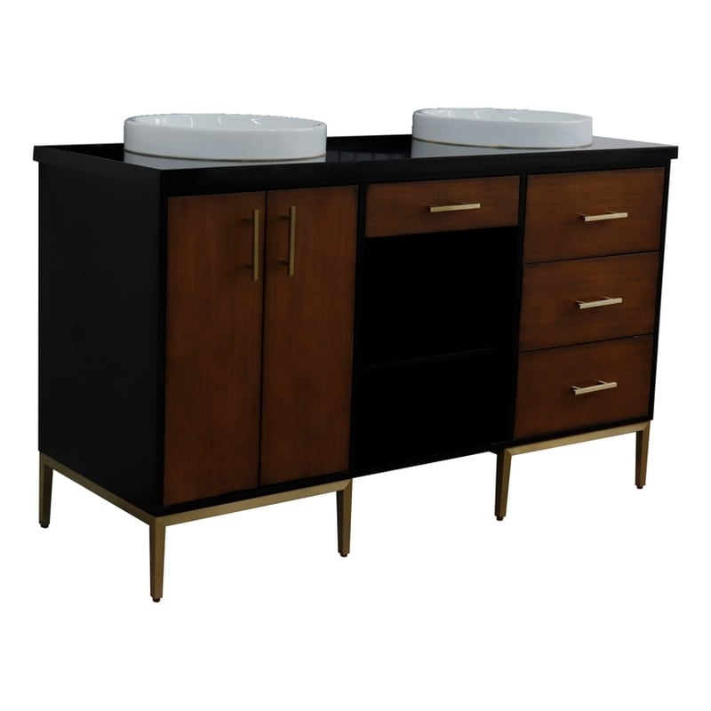 61 in. Double Wooden Vanity Walnut Black Black Galaxy Granite Round Sink