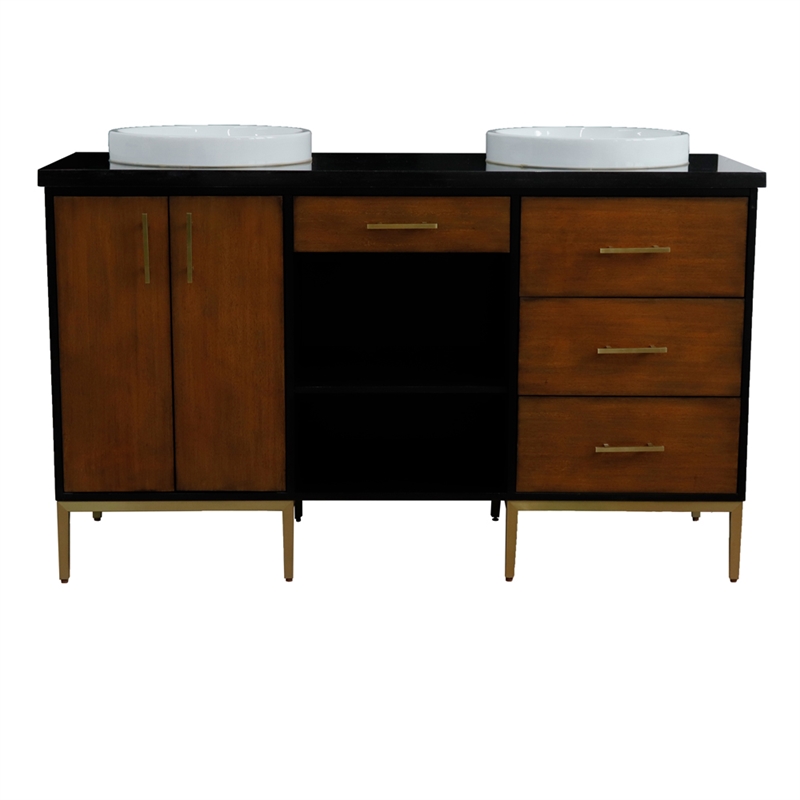 61 in. Double Wooden Vanity Walnut Black Black Galaxy Granite Round Sink