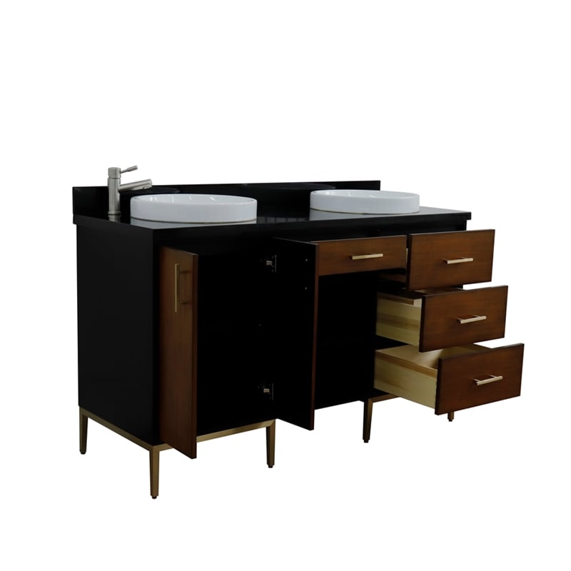 61 in. Double Wooden Vanity Walnut Black Black Galaxy Granite Round Sink