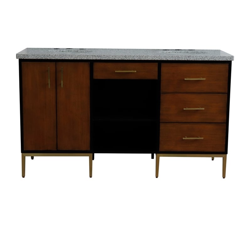61 in. Double Wooden Vanity Walnut Black Gray Granite Oval Sink