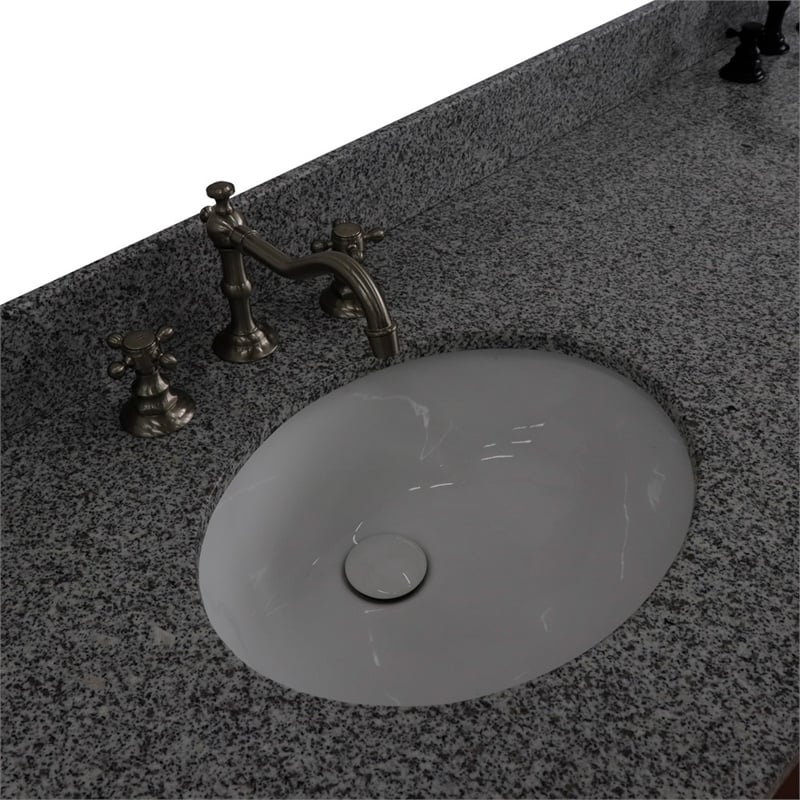 61 in. Double Wooden Vanity Walnut Black Gray Granite Oval Sink