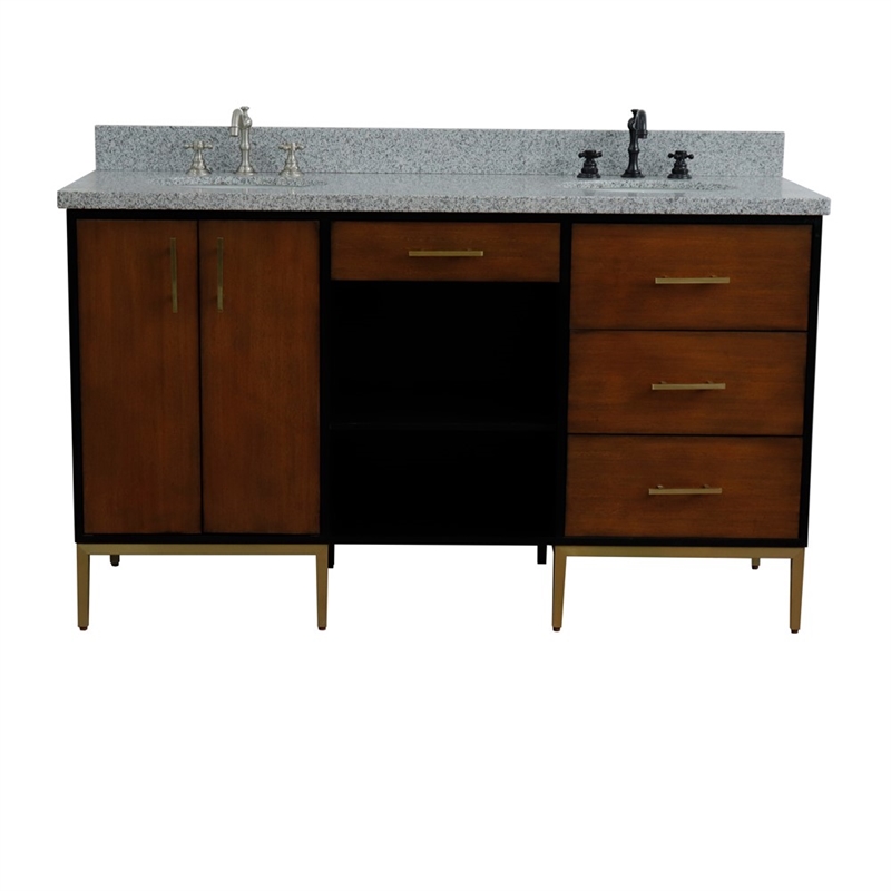 61 in. Double Wooden Vanity Walnut Black Gray Granite Oval Sink