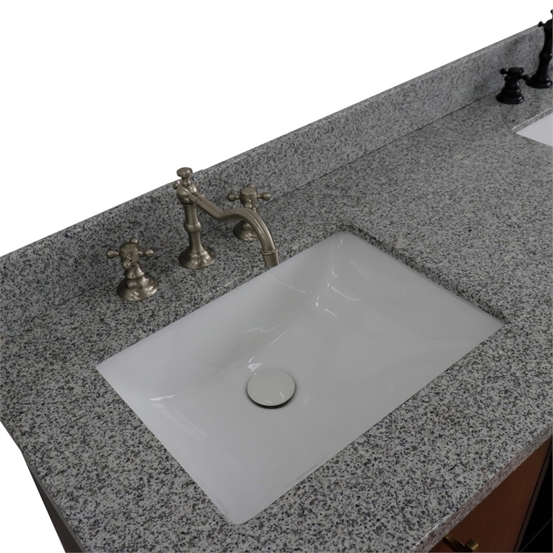 61 in. Double Wooden Vanity Walnut Black Gray Granite Rectangle Sink