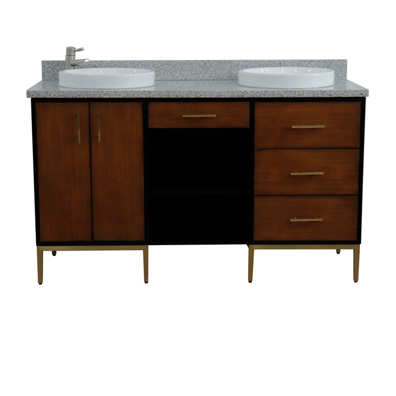 61 in. Double Wooden Vanity Walnut Black Gray Granite Round Sink