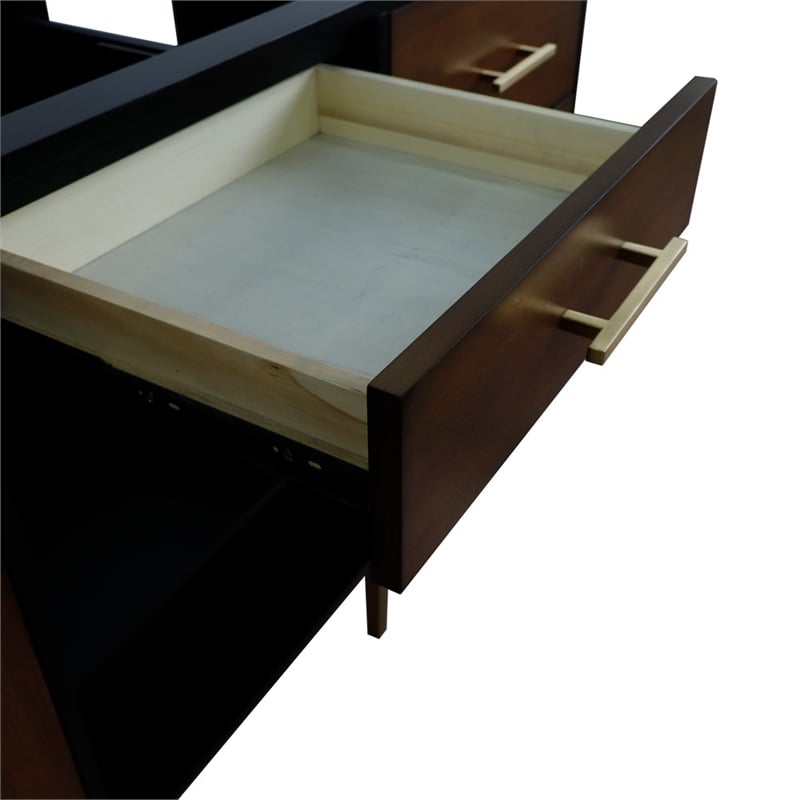 61 in. Double Wooden Vanity Walnut Black Gray Granite Round Sink