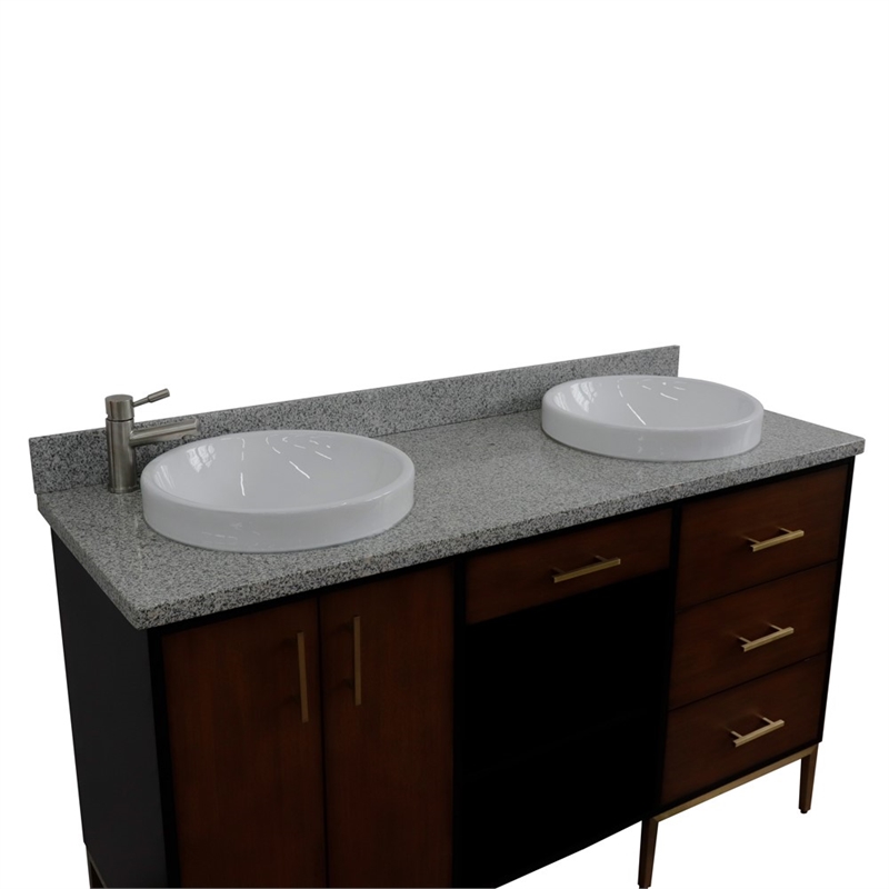 61 in. Double Wooden Vanity Walnut Black Gray Granite Round Sink