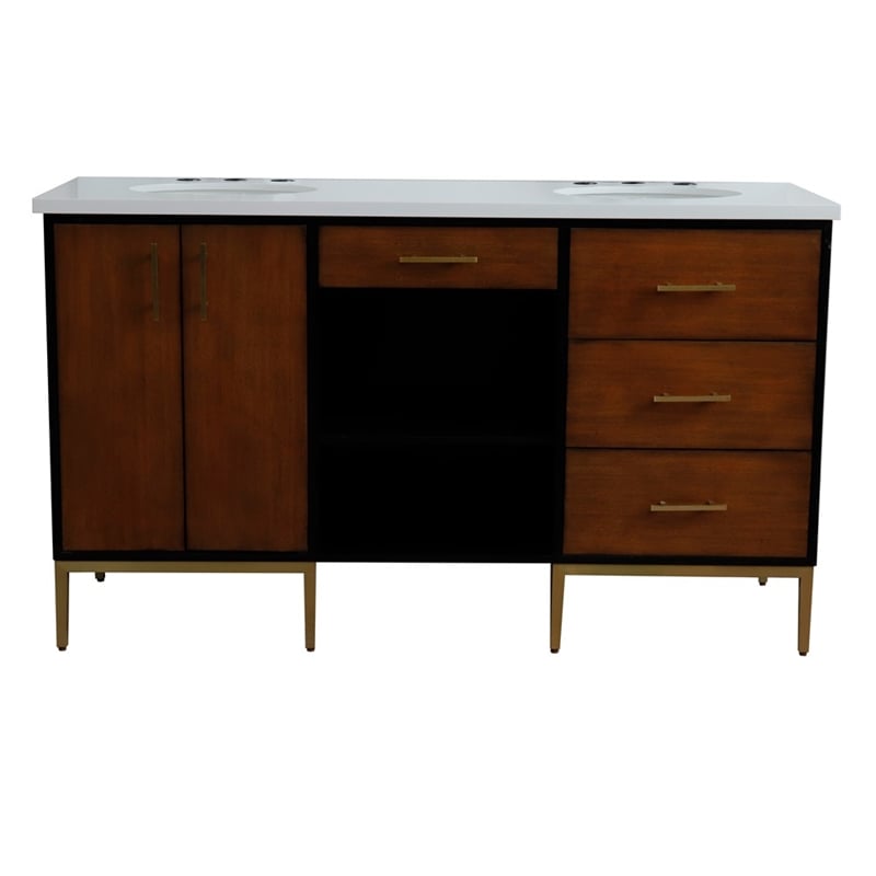 61 in. Double Wooden Vanity Walnut Black White Quartz Oval Sink