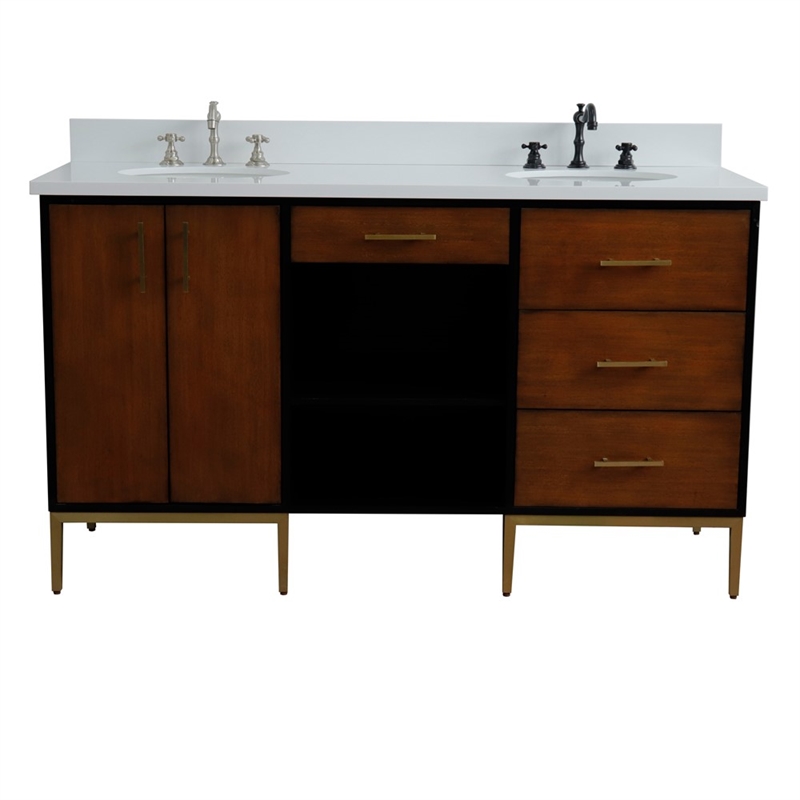 61 in. Double Wooden Vanity Walnut Black White Quartz Oval Sink