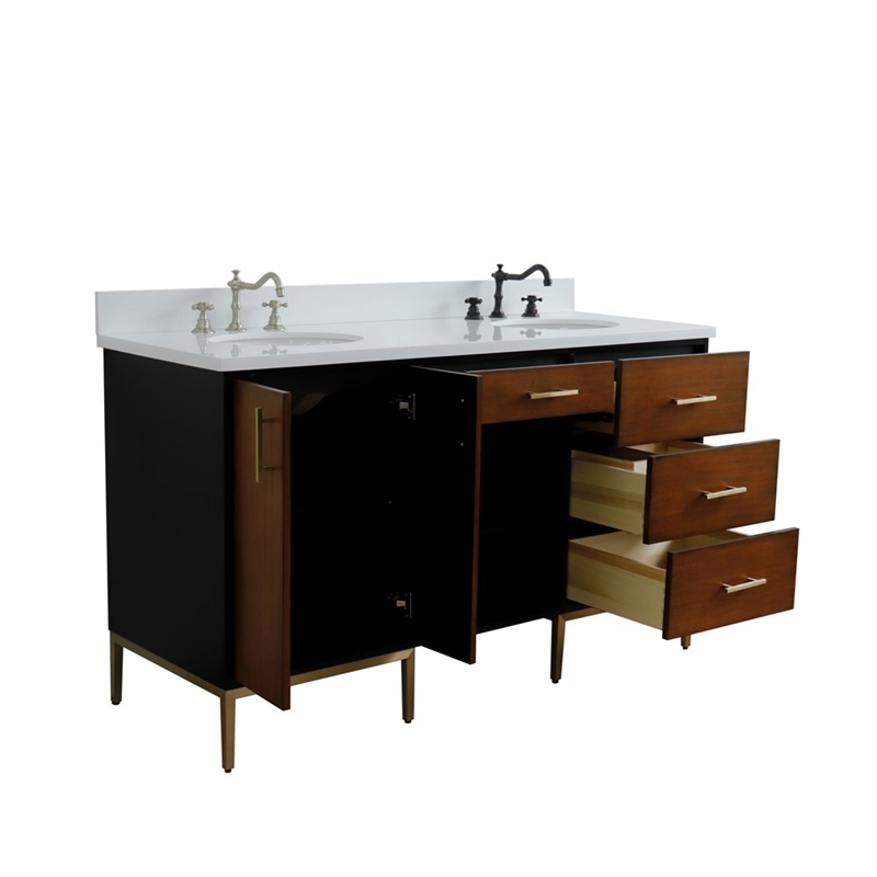 61 in. Double Wooden Vanity Walnut Black White Quartz Oval Sink