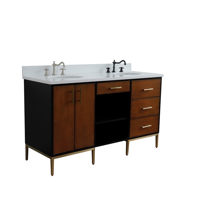 61 in. Double Wooden Vanity Walnut Black White Quartz Oval Sink