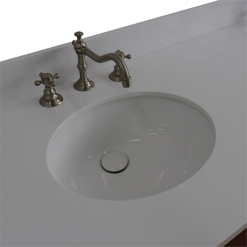 61 in. Double Wooden Vanity Walnut Black White Quartz Oval Sink