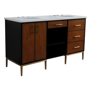 61 in. Double Wooden Vanity Walnut Black White Quartz Oval Sink