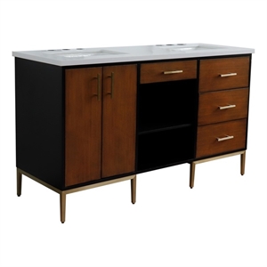61 in. Double Wooden Vanity Walnut Black White Quartz Rectangle Sink