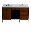 61 in. Double Wooden Vanity Walnut Black White Quartz Rectangle Sink