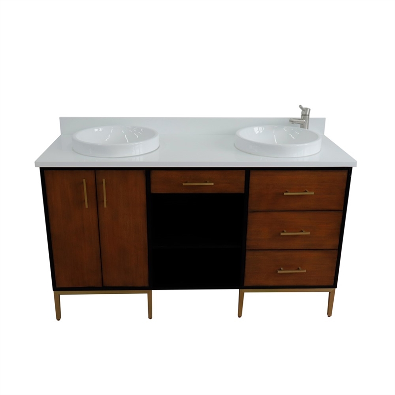 61 in. Double Wooden Vanity Walnut Black White Quartz Round Sink