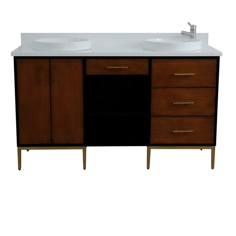 61 in. Double Wooden Vanity Walnut Black White Quartz Round Sink