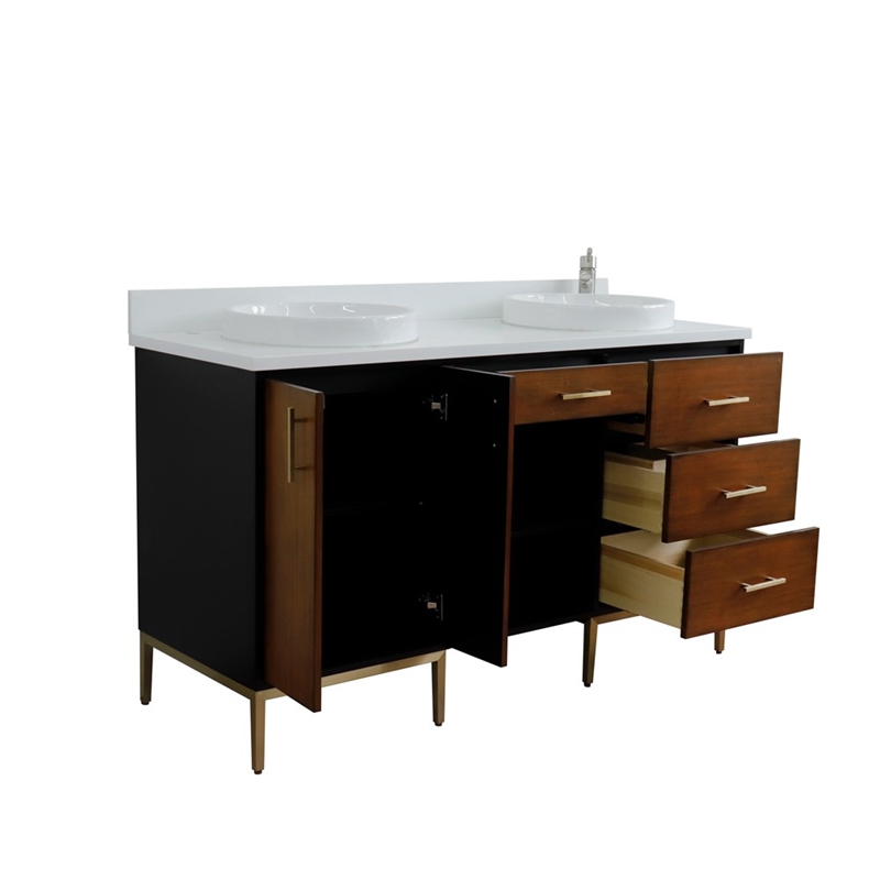 61 in. Double Wooden Vanity Walnut Black White Quartz Round Sink