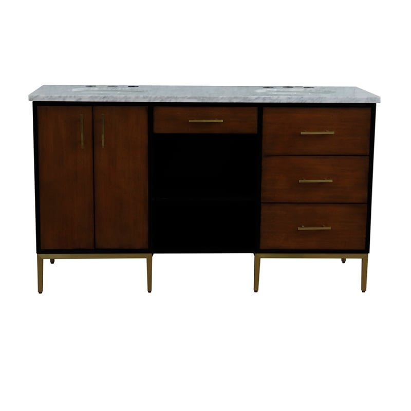 61 in. Double Wooden Vanity Walnut Black White Carrara Marble Oval Sink