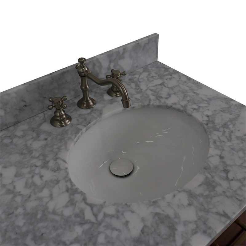 61 in. Double Wooden Vanity Walnut Black White Carrara Marble Oval Sink