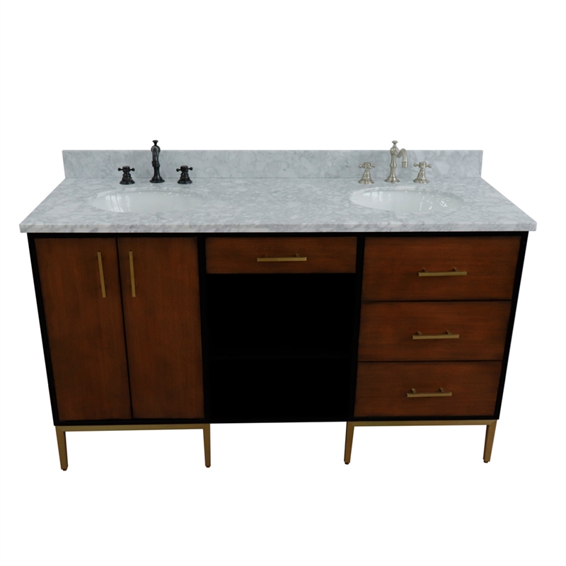 61 in. Double Wooden Vanity Walnut Black White Carrara Marble Oval Sink