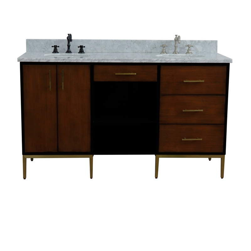 61 in. Double Wooden Vanity Walnut Black White Carrara Marble Oval Sink
