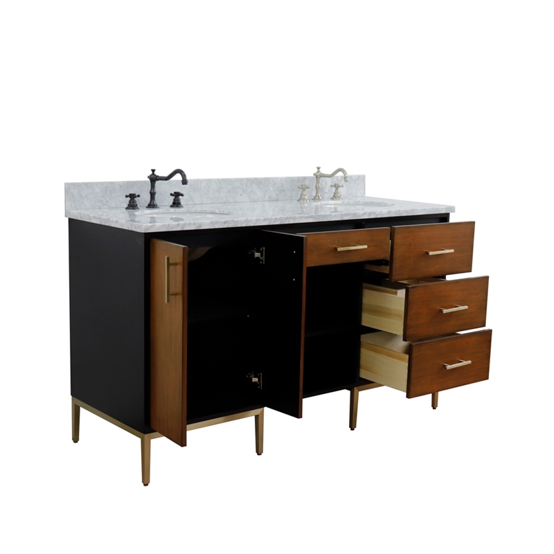 61 in. Double Wooden Vanity Walnut Black White Carrara Marble Oval Sink