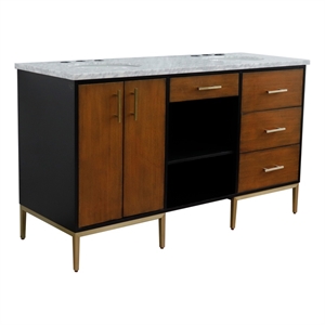 61 in. Double Wooden Vanity Walnut Black White Carrara Marble Oval Sink