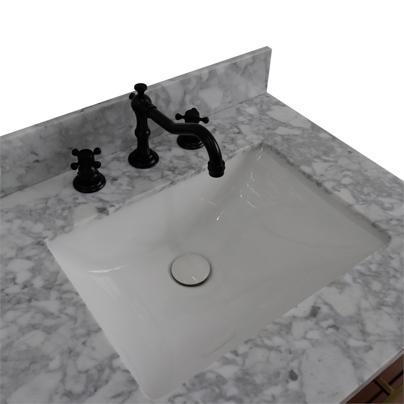 61 in. Double Wooden Vanity Walnut Black White Carrara Marble Rectangle Sink
