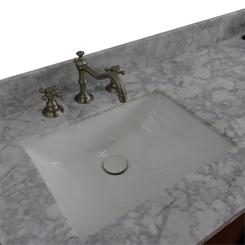 61 in. Double Wooden Vanity Walnut Black White Carrara Marble Rectangle Sink