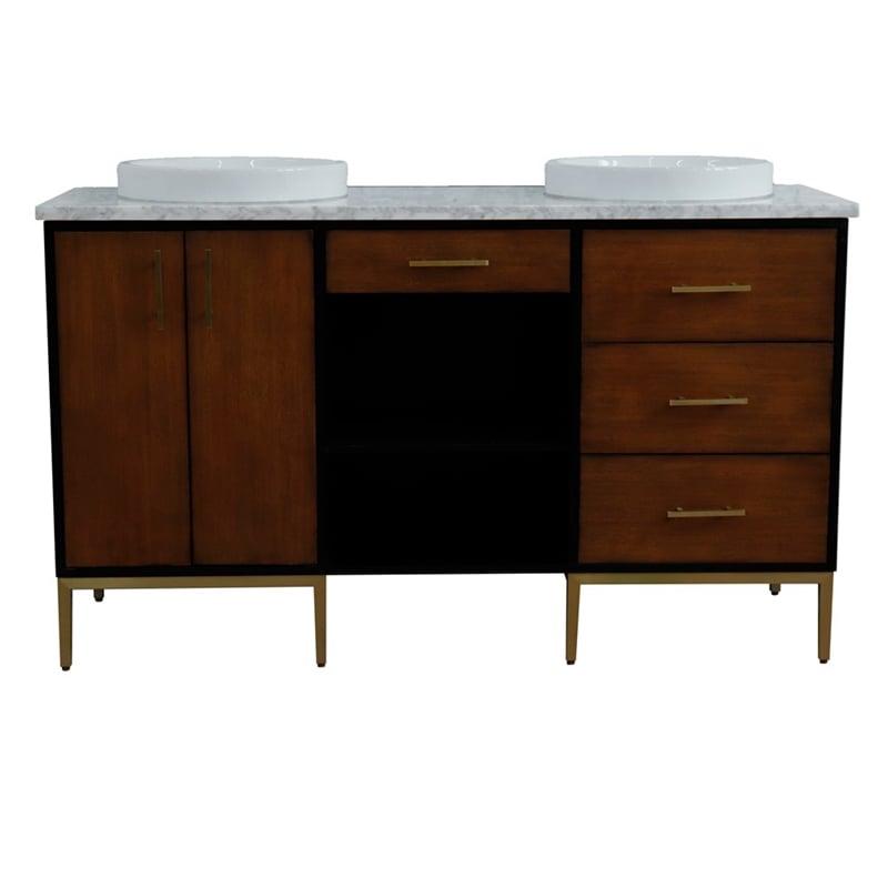 61 in. Double Wooden Vanity Walnut Black White Carrara Marble Round Sink
